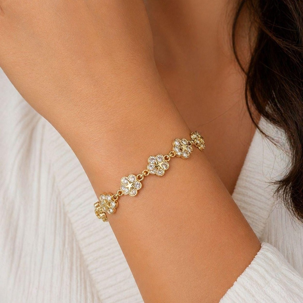 Vintage Gold Flower Slider Bracelet Made with Swarovski Crystals Adjustable